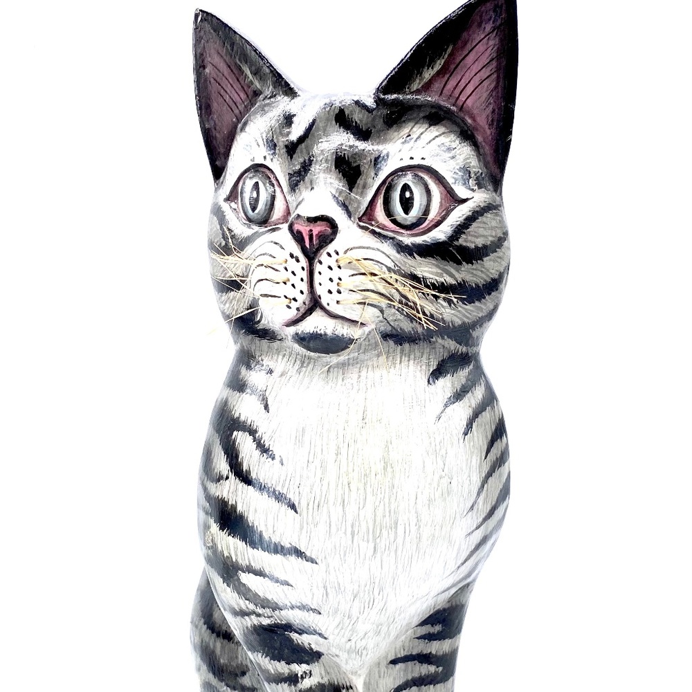Hand Carved and Painted Gray Cat  With Whiskers He Looks Real!!!